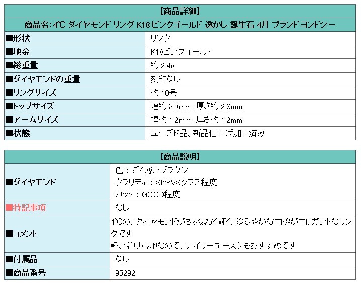 4℃ ダイヤモンド リング K18 ピンクゴールド 透かし 誕生石 4月 ヨンドシー 送料無料 美品 中古 SH95292_画像6