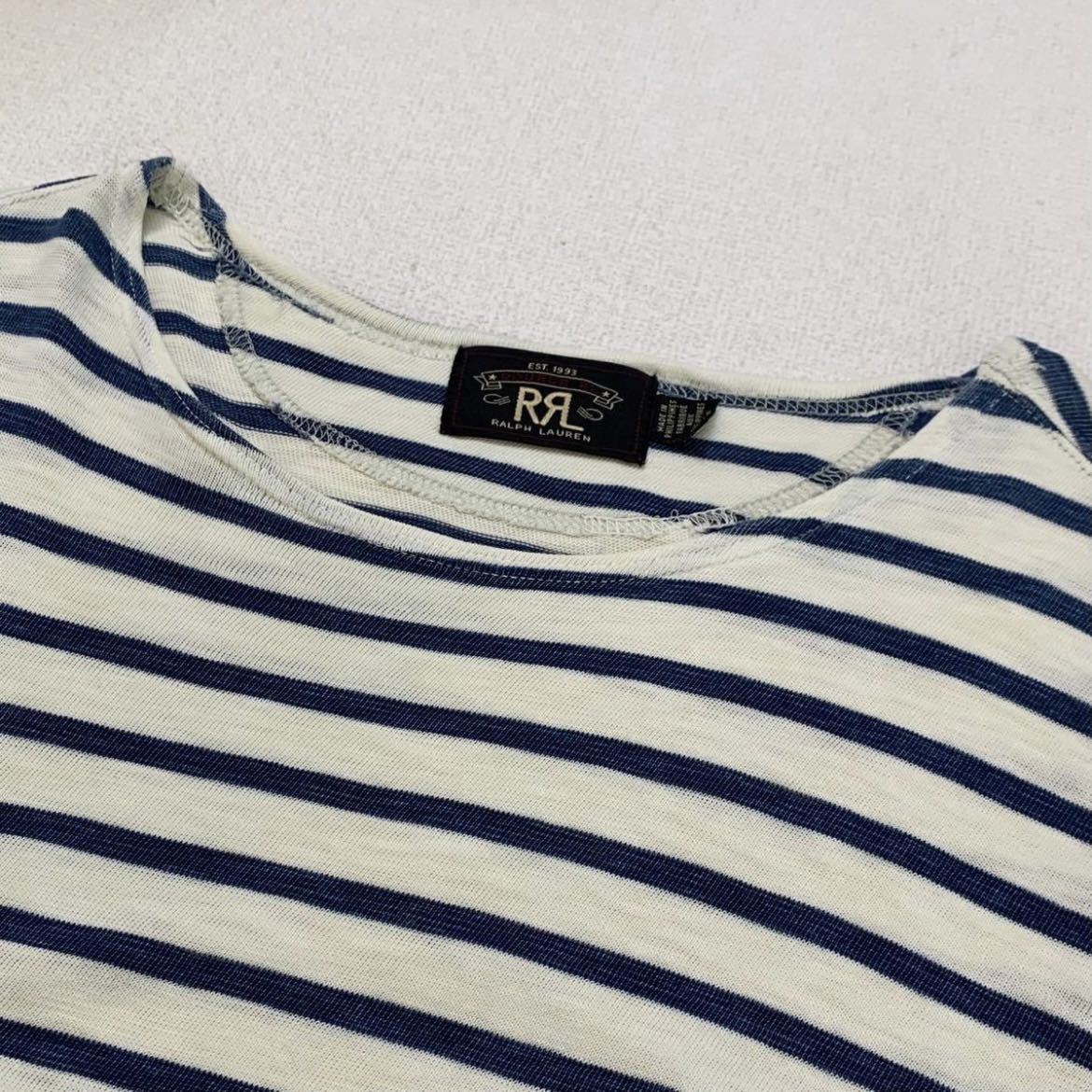 (923) 美品 【 RRL 】 インディゴ ボーダー LS Tシャツ カットソー S ホワイト LS TEE ロンT ダブルアールエル ラルフ Ralph indigo_画像4