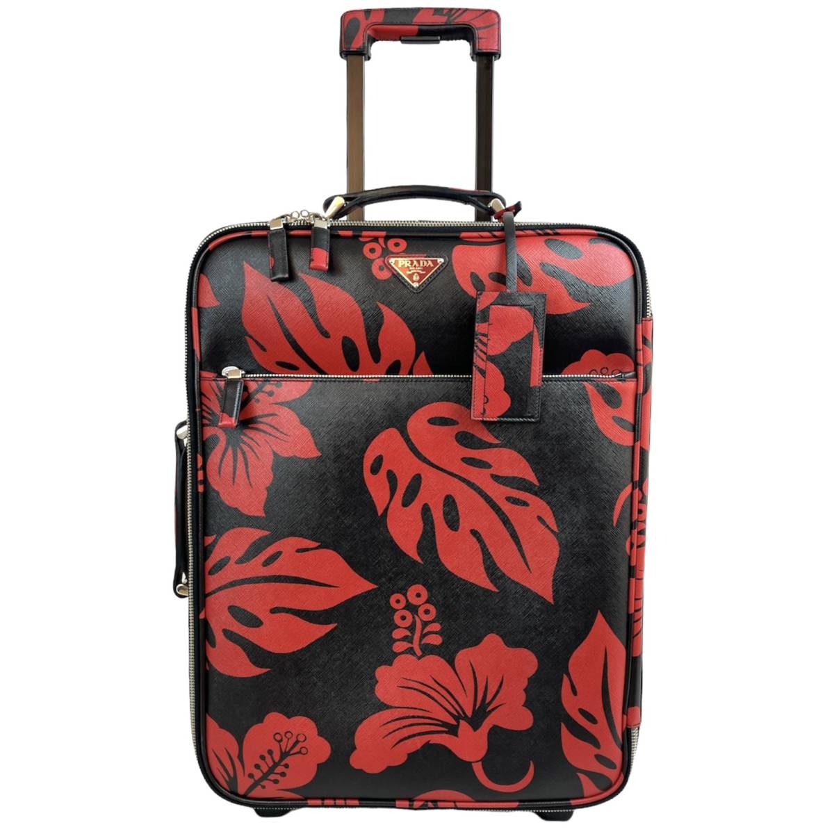 rare! PRADA Limited edition Hibiscus printed trolley travel bag carry SAFFIANO leather suitcase flower red black プラダ バッグ