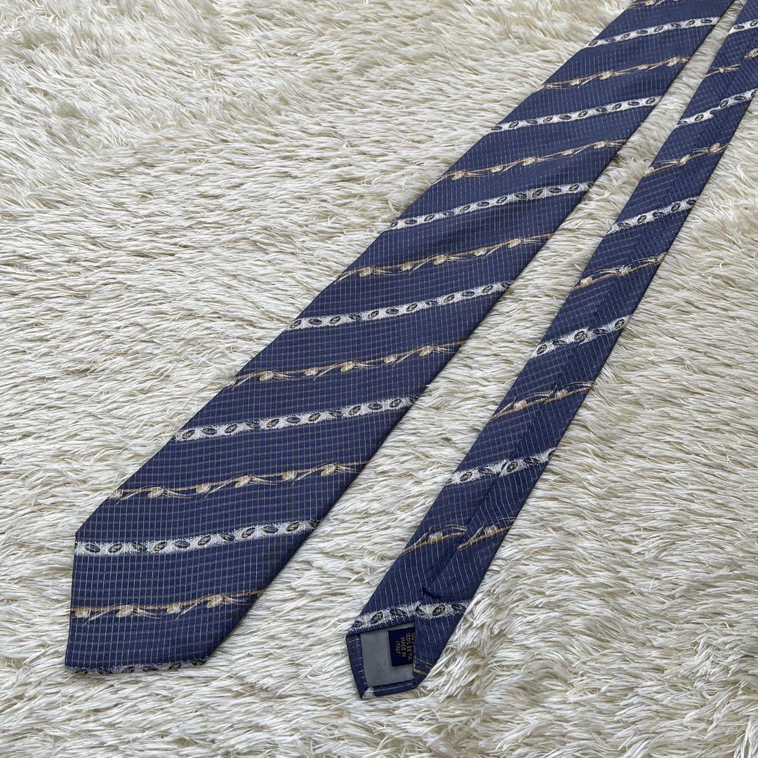 美品ZANNAL 高級 ネクタイ シルク100％ ストライプ柄 ネイビー 絹 総柄