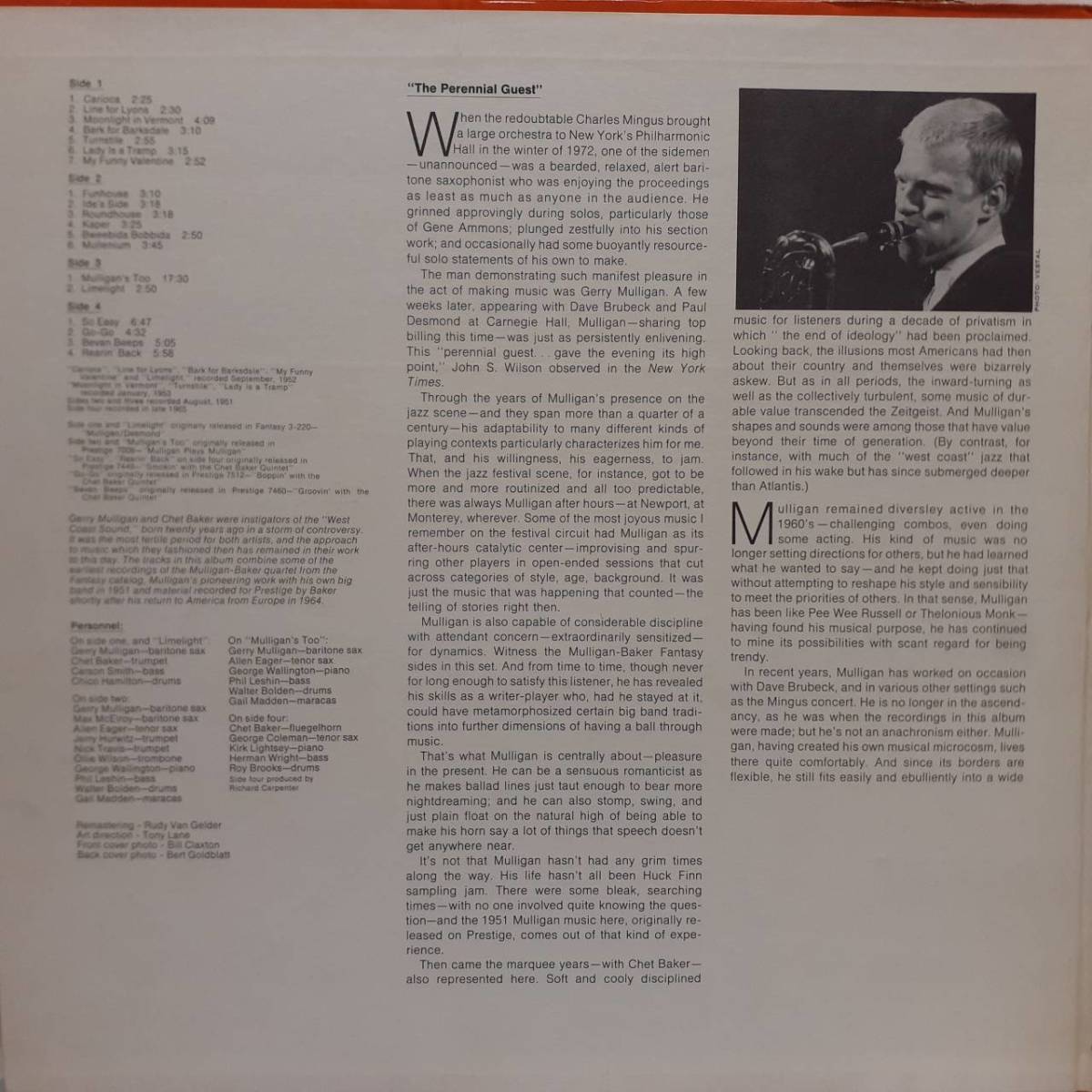 米PRESTIGE盤2LP 黄緑VANGELDER刻印 Gerry Mulligan, Chet Baker / Mulligan / Baker 1972年 PRST24016 Fantasy音源もRVGリマスターに_画像4
