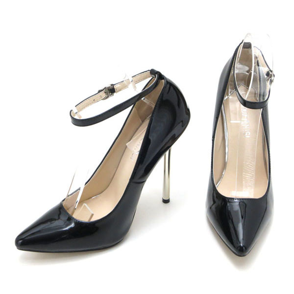  new goods large size pumps black 26cm 131440-42 ankle strap enamel style high heel 