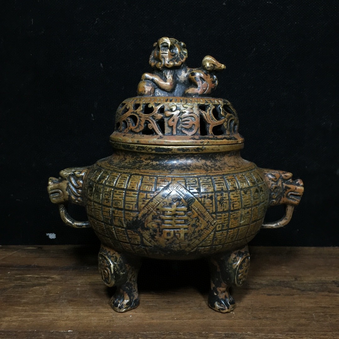 9100円 【古寶奇蔵】銅製・福祿寿・三獣足雙獣耳・獅蓋熏香炉 9100円 【古寶奇蔵】銅製・福祿寿・三獣足雙獣耳・獅蓋熏香炉