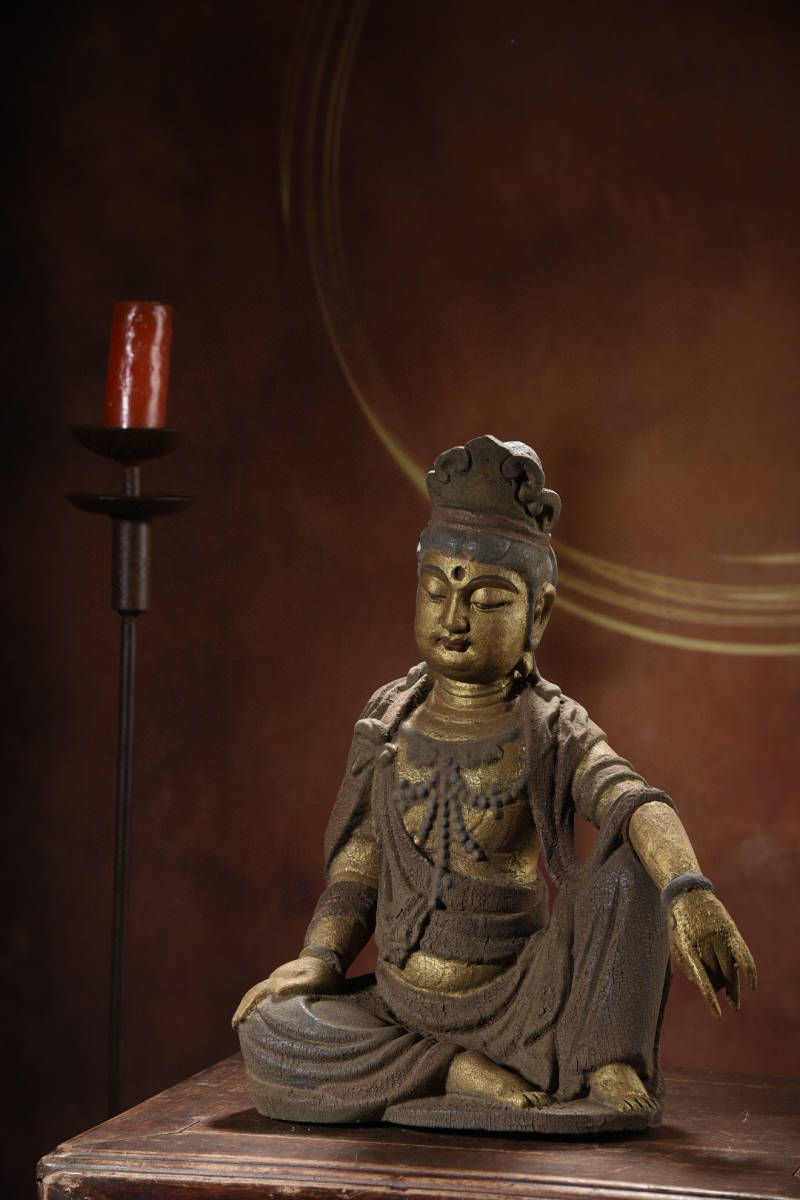 【古寶奇蔵】木材細密彫・漆金・自在觀音像・置物・賞物・中国時代美術