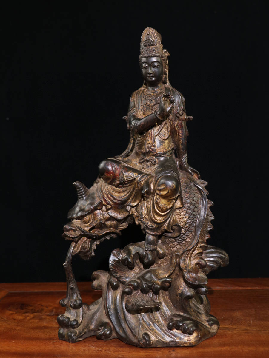 【古寶奇蔵】銅製・泥金・龍魚觀音像・置物・賞物・中国時代美術