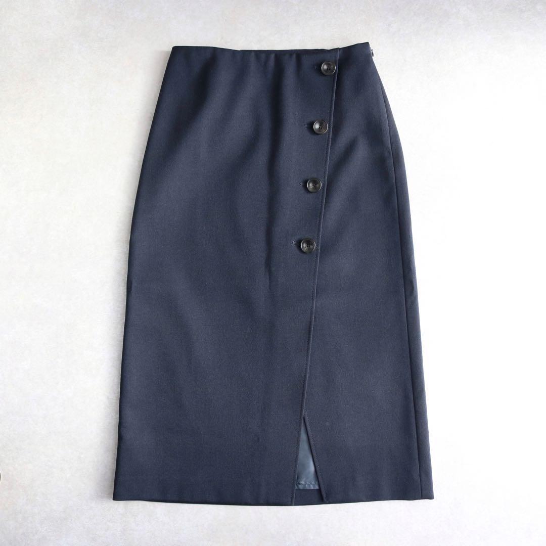 NOBLE / ボタントラペーズスカート 36 S ネイビー 紺 ロングスカート ノーブル ミモレ丈 裏地付き 日本製 レディース