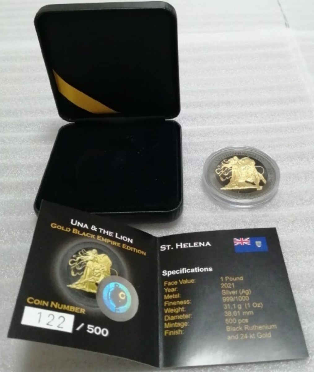 セントヘレナ 2021 ウナとライオン 銀貨 ゴールド ブラック エンパイア オリジナル箱と証明書付きの画像8