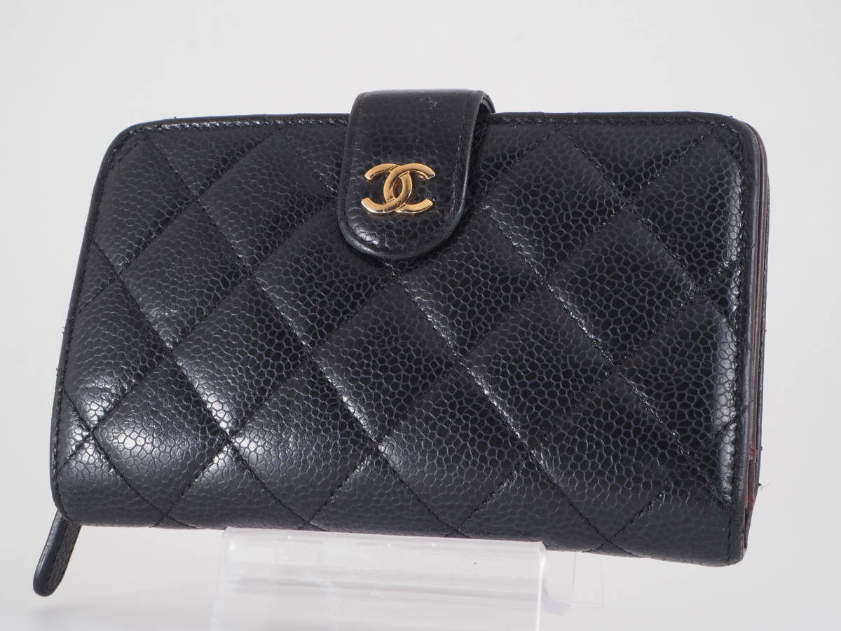 1円 美品 CHANEL シャネル クラシック マトラッセ ココマーク 三つ折り財布 3つ折り キャビアスキン 小銭入れ 札入れ 黒 レディース_画像2