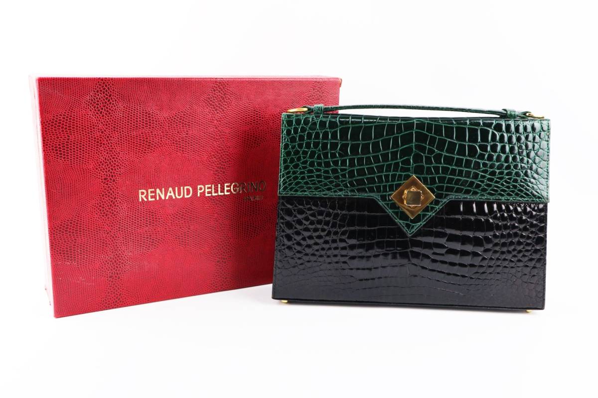 ルノーペルグリーノ RENAUD PELLEGRINO リアル シャイニング クロコダイル レザー ハンドバッグ グリーン/ブラック 箱付き 美品の画像1