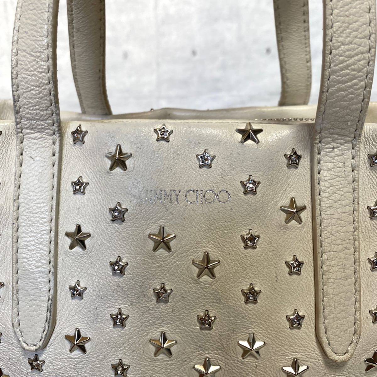 JIMMY CHOO MINI SARA ミニサラ ジミーチュウ 2WAY オフホワイト ハンドバッグ トートバッグ ショルダーバッグ スタッズ レザー イタリア製