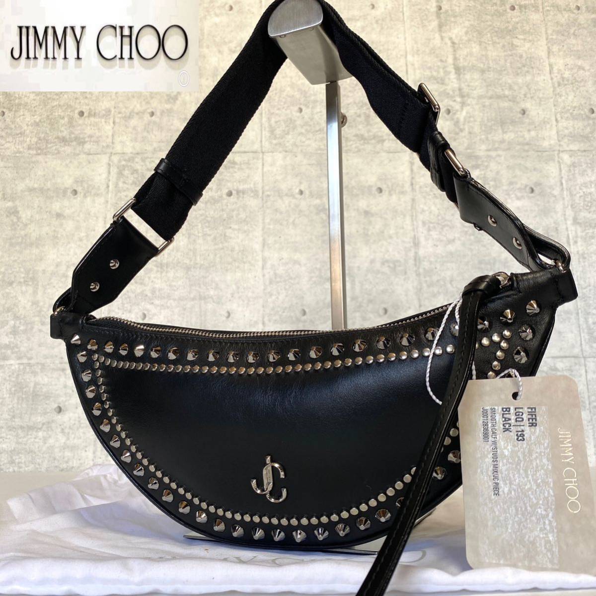 美品タグ付き JIMMY CHOO FIFER BLACK JC ロゴ 定価165,000円 ジミーチュウ スタッズ レザー クロスボディバッグ  ショルダーバッグ メンズ