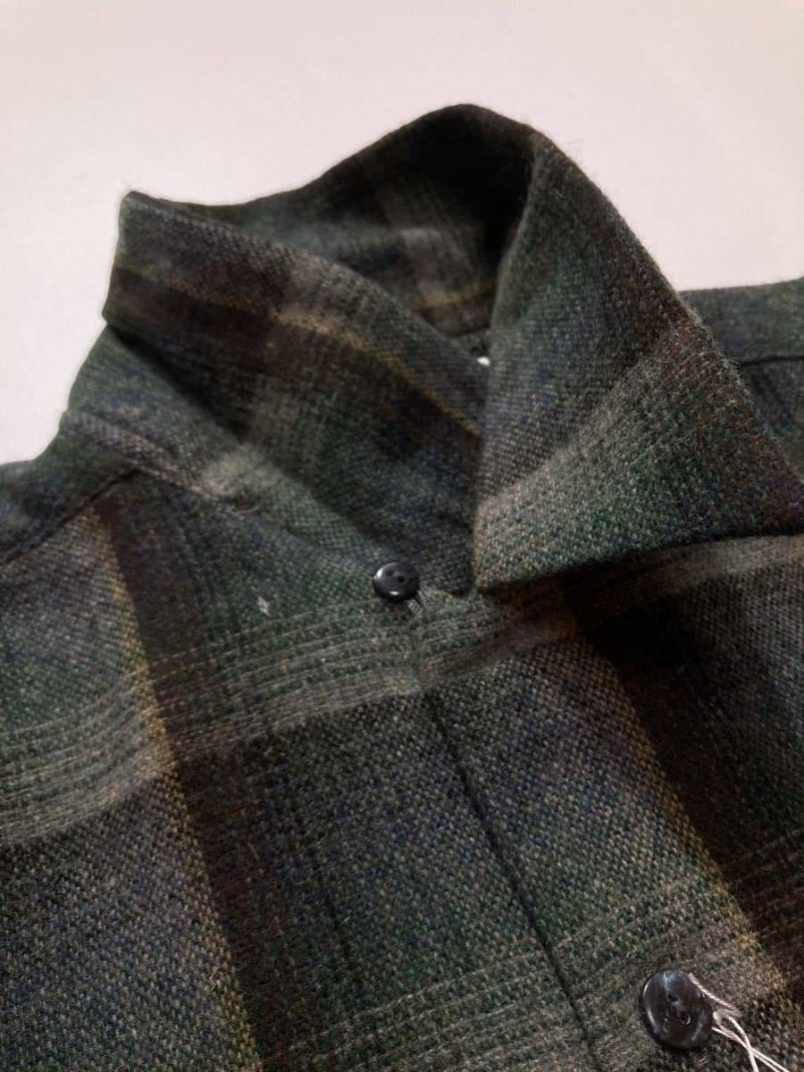 デッドストック☆80s 90s 日本製 オンブレチェック ウールシャツ M 深緑 黒 グレー ビンテージ シャドーチェック 未使用品 オープンカラー_画像7
