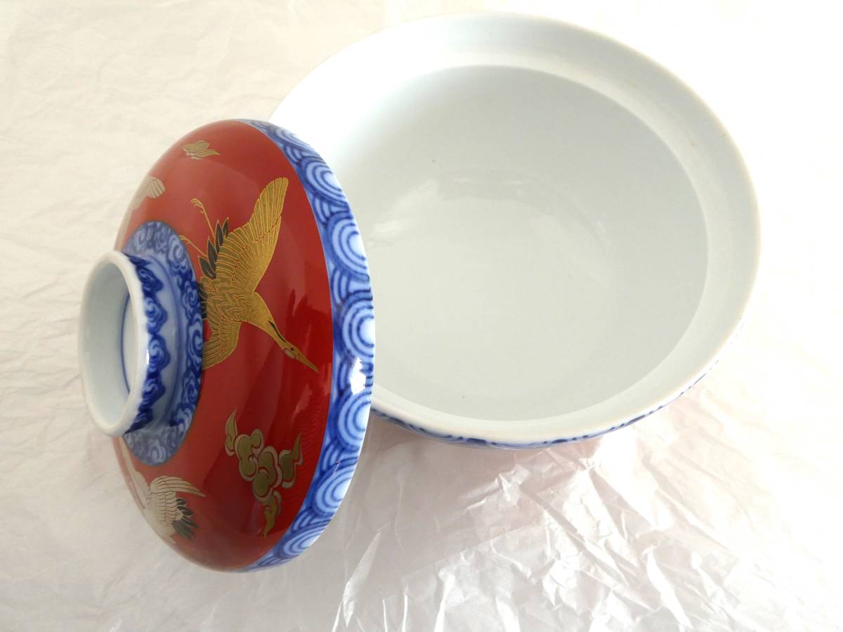 送料無料 製造中止【深川製磁】雑煮碗 染錦手波鶴紋 新品 う 送料無料 製造中止【深川製磁】雑煮碗 染錦手波鶴紋 新品 う