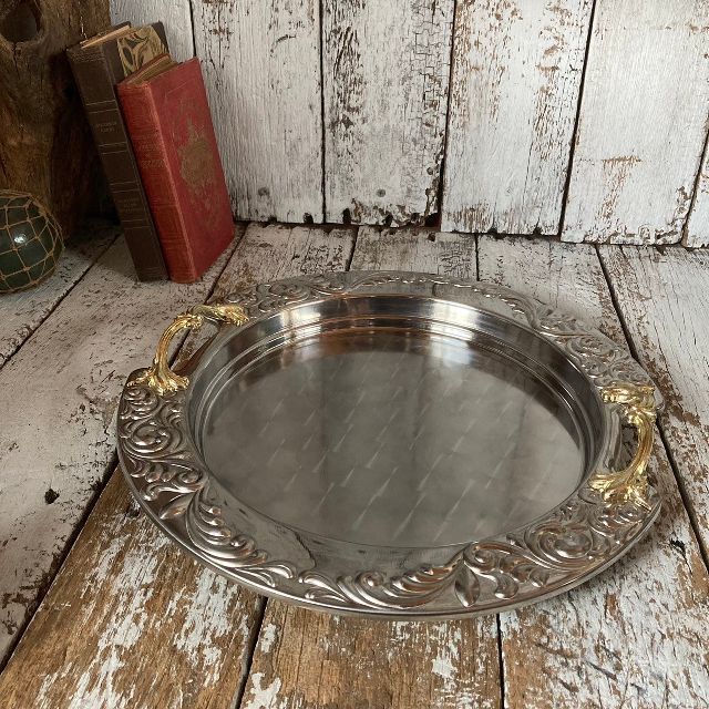 70-80s Vintage нержавеющая сталь раунд tray retro современный tray круг поддон O-Bon распределение сервировочный поднос Vintage античный старый инструмент . павильон 