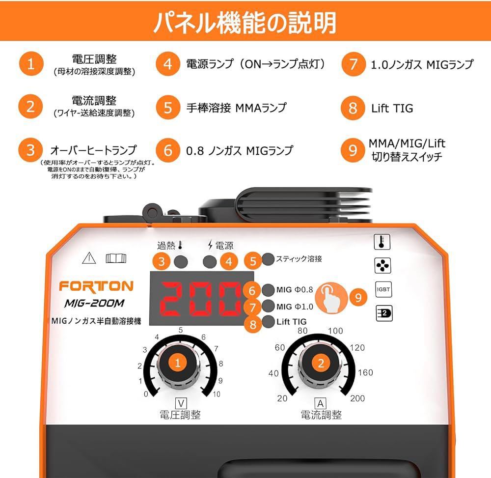 半自動溶接機 MIG200M AC100V 1台3用 MMA・MIG・Lift TIG インバータ アーク溶接機 小型軽量で手軽に移動が可能 家庭用 (MIG-200M)_画像2