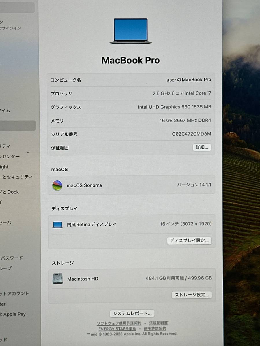 【美品♪】Apple MacBook Pro 2019 A1990[Core i7 9750H 2.6GHz/RAM:16GB/SSD:512GB/16インチ]Sonoma スペースグレー 動作品_画像7