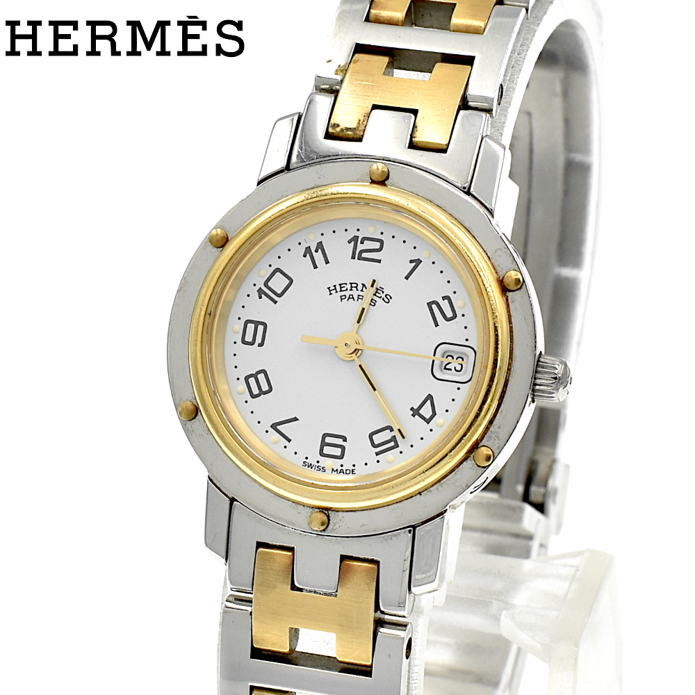 HERMES エルメス クリッパーナ CL4.220 QZ クォーツ レディース腕時計 シルバー×ゴールド【A02351】