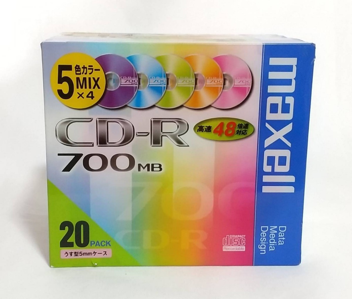 【未開封・長期保管品】maxell CD-R 700MB 48倍速対応 5色カラーミックス20枚 5mmケース入 CDR700 マクセル_画像1