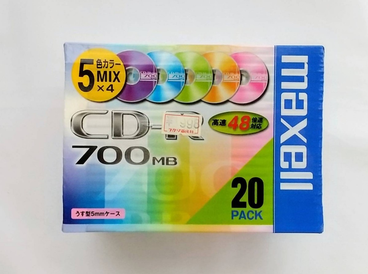 【未開封・長期保管品】maxell CD-R 700MB 48倍速対応 5色カラーミックス20枚 5mmケース入 CDR700 マクセル_画像2