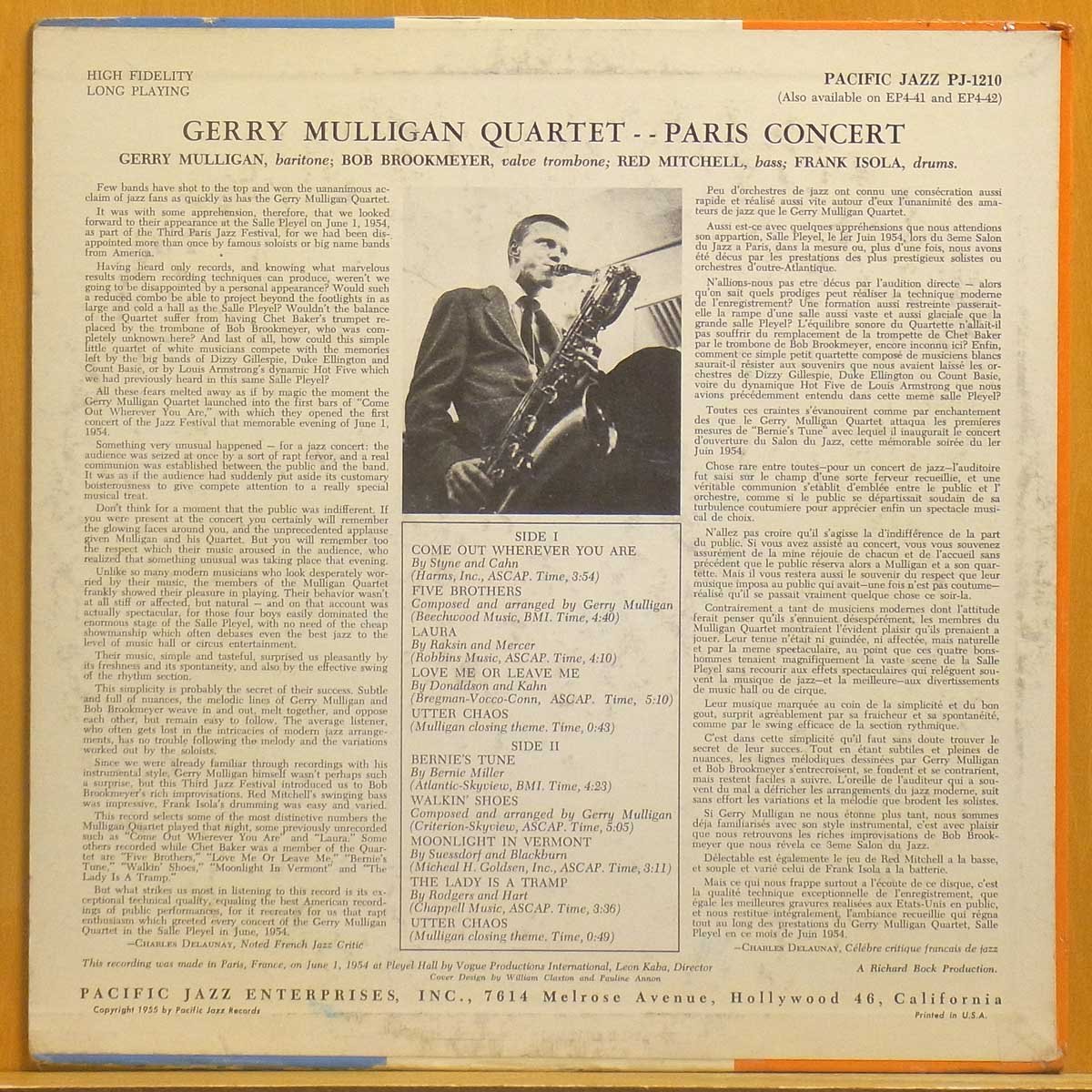 ●レア!Mono!ダブル洗浄済!★Gerry Mulligan(ジェリー・マリガン)『Paris Concert』 USオリジLP #61254_画像2