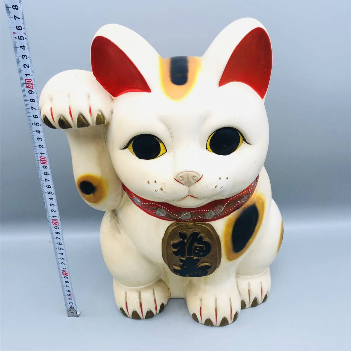 富本人形園 招き猫 貯金箱 特大 商売繁盛 招福 寿 レトロ 郷土玩具 陶器 置物 右手招き 猫 大きい まねきねこ 愛知 常滑 高さ 約 45cm 希少_画像9