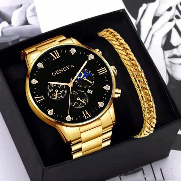 腕時計 メンズ セット 1個 ゴールドステンレススチールストラップ高級大型ダイヤルクォーツ時計ローマファッションアナログカレンダー_画像1