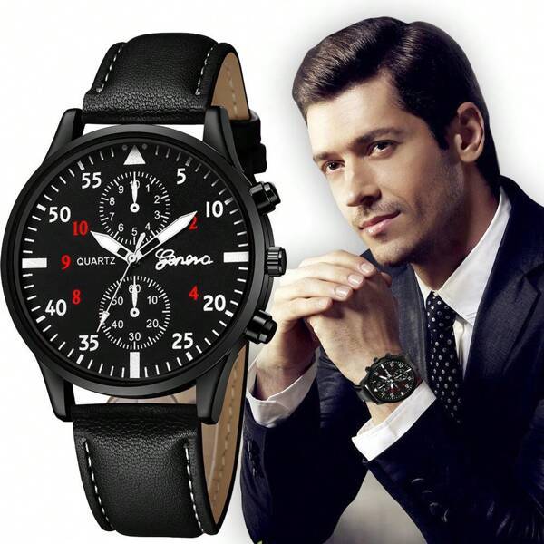 腕時計 メンズ セット クオーツ腕時計 レザーストラップ カジュアル ブラック + ファッションブレスレット 4個セット_画像5