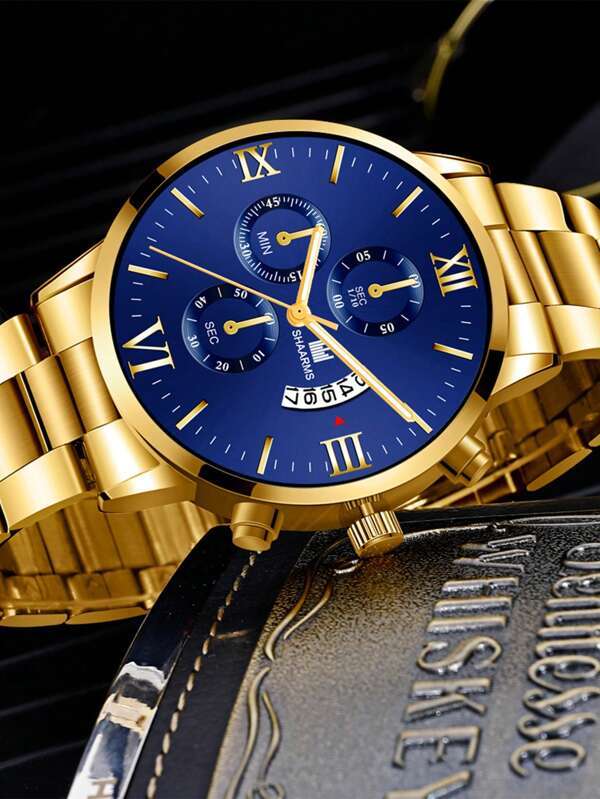 腕時計 メンズ セット 1個 男性 ゴールド ステンレス鋼 ストラップ ファッショナブル 丸い ダイヤルクォーツウォッチ & 1個_画像4