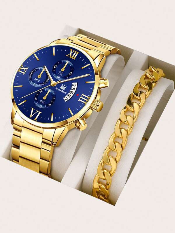腕時計 メンズ セット 1個 男性 ゴールド ステンレス鋼 ストラップ ファッショナブル 丸い ダイヤルクォーツウォッチ & 1個_画像1