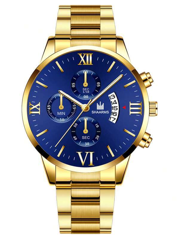 腕時計 メンズ セット 1個 男性 ゴールド ステンレス鋼 ストラップ ファッショナブル 丸い ダイヤルクォーツウォッチ & 1個_画像3