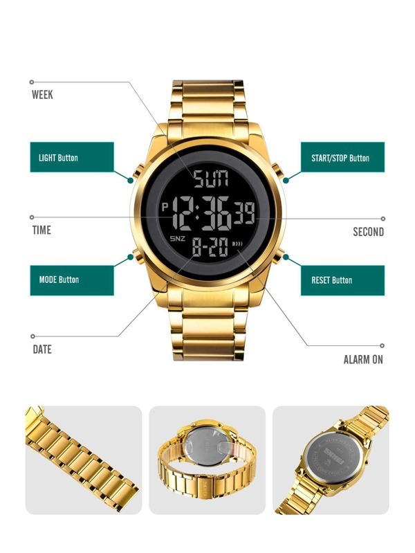 腕時計 メンズ デジタル 1個 男性 ゴールド ステンレス鋼 ストラップ ビジネス 日付 カレンダー 耐水 丸い ダイヤル デジタ_画像6