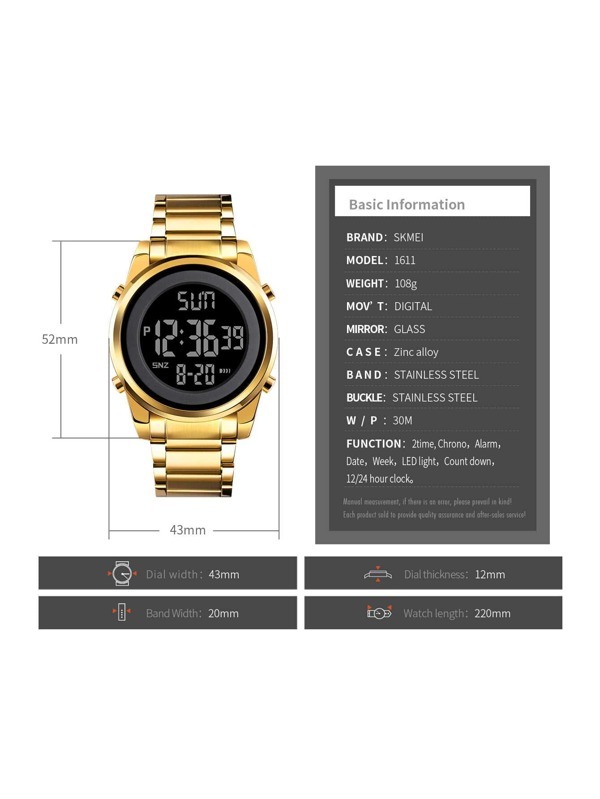 腕時計 メンズ デジタル 1個 男性 ゴールド ステンレス鋼 ストラップ ビジネス 日付 カレンダー 耐水 丸い ダイヤル デジタ_画像2