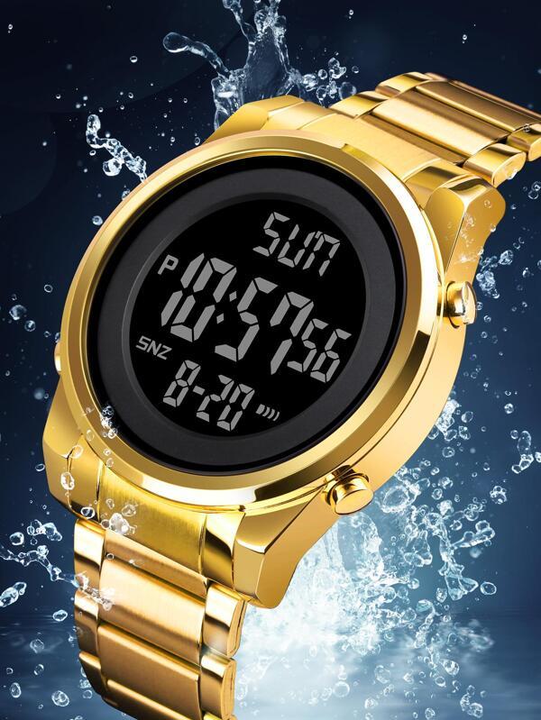 腕時計 メンズ デジタル 1個 男性 ゴールド ステンレス鋼 ストラップ ビジネス 日付 カレンダー 耐水 丸い ダイヤル デジタ_画像4