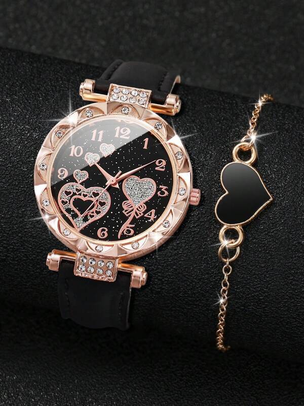 腕時計 レディース セット レザーベルトの腕時計 スターリースカイ ハート型文字盤 ラインストーン装飾付き マッチングブレスレット_画像3