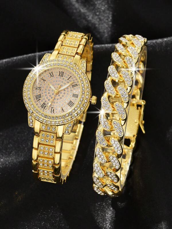 腕時計 レディース セット 2 個のパーティートレンディなグラマラスな女性用合金クォーツ時計、スチールストラップとラインストーンが_画像1