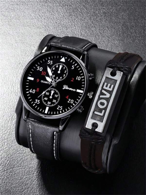 腕時計 レディース セット 1個 ブラック ポリウレタンストラップ カジュアル ラウンド ダイヤルクォーツウォッチ & 4個/セ_画像4