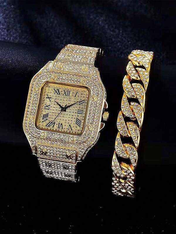 腕時計 レディース セット 1個 エレガント & 豪華な女性用ステンレススチール時計、正方形ローマ数字 & ラインストーン装飾 +_画像1