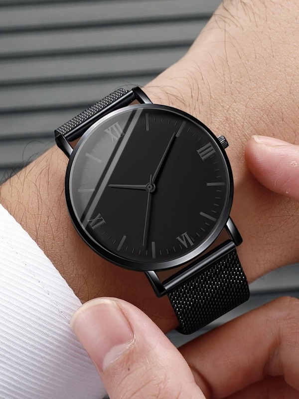 腕時計 メンズ セット 1個 ブラック 亜鉛合金 ストラップ ビジネス ラウンド ダイヤルクォーツウォッチ 1個 ブレスレット ,の画像7
