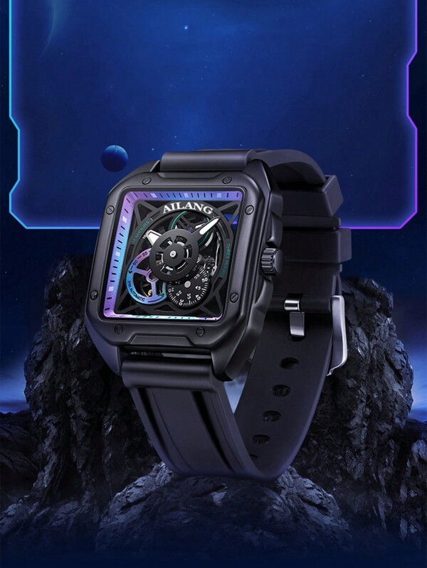 腕時計 メンズ 機械式 自動巻き機械式腕時計 男性用 大型正方形ダイヤル 防水 腕時計 ホローアウトデザイン シリコンバンドナイト