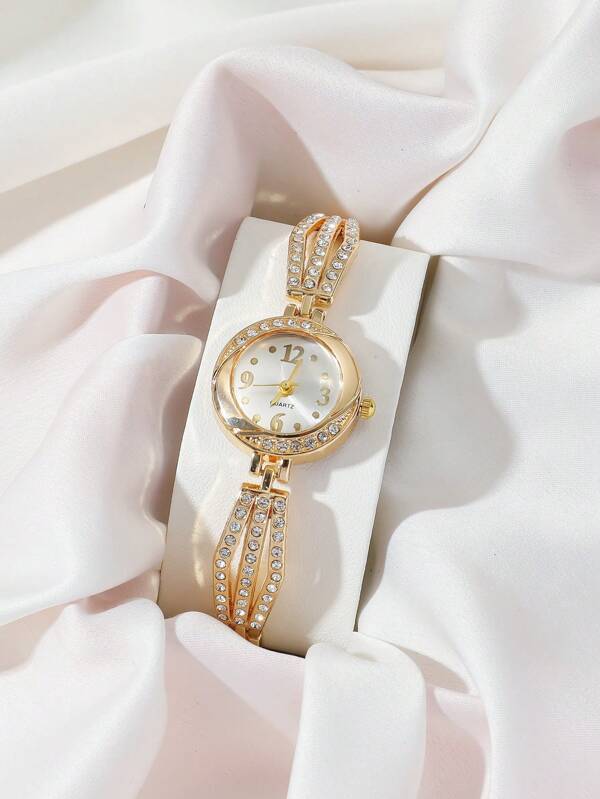 腕時計 レディース クォーツ ラインストーンの装飾が施された女性用のエレガントでスタイリッシュなクォーツ時計1個、ゴールドトーンの_画像4