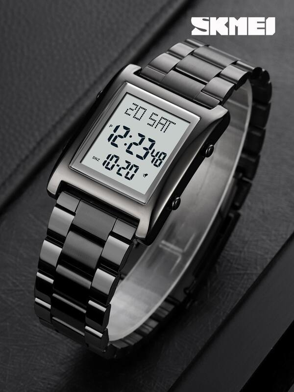 腕時計 メンズ デジタル 1個 ブラック ステンレス鋼 ストラップ ビジネス カレンダー アラーム 耐水 四角形 ダイヤルデジタル_画像1