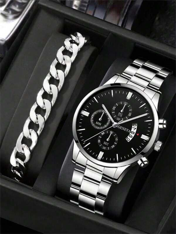 腕時計 メンズ セット ビジネス風 クラシック ステンレス クオーツ 腕時計&ブレスレットセット_画像5
