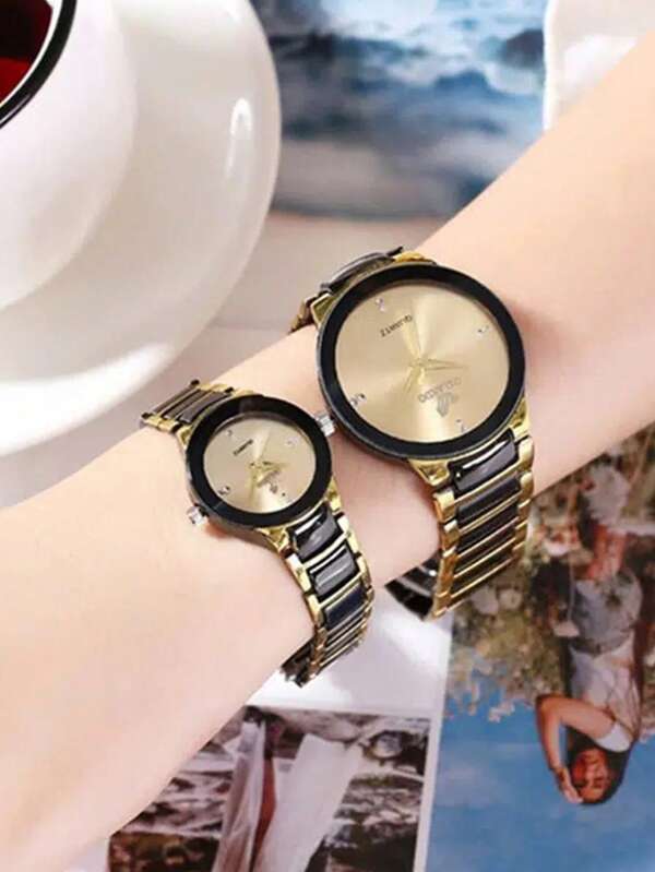 腕時計 メンズ セット カップル ラインストーン装飾ラウンド ポインター クォーツ時計 2 個_画像2