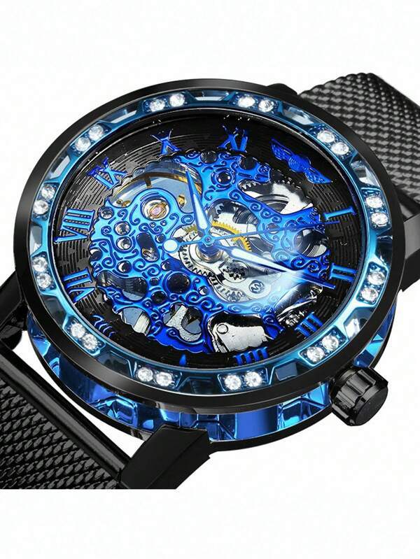 腕時計 メンズ 機械式 1個 ブラック ステンレス鋼 ストラップ ファッショナブル ラインストーンデコレーション ラウンド ダイヤ_画像2