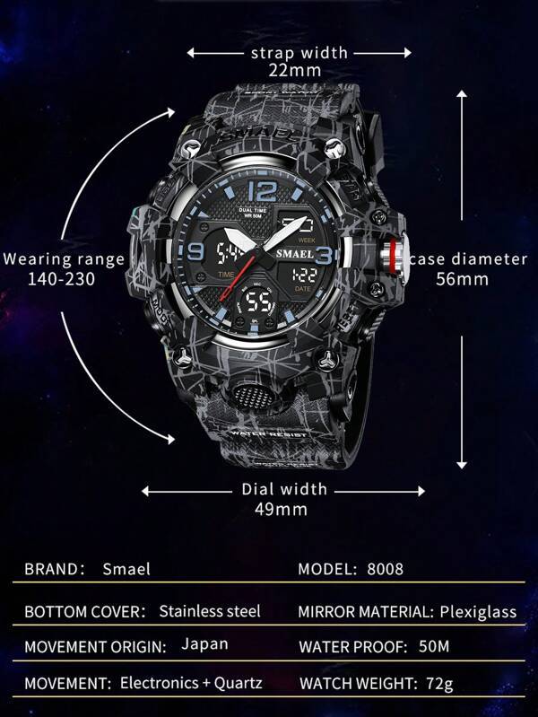 腕時計 メンズ デジタル 1個 ブラック 抽象パターン ストラップ スポーティ 耐水性 カレンダー アラーム ラウンドダイヤル_画像3