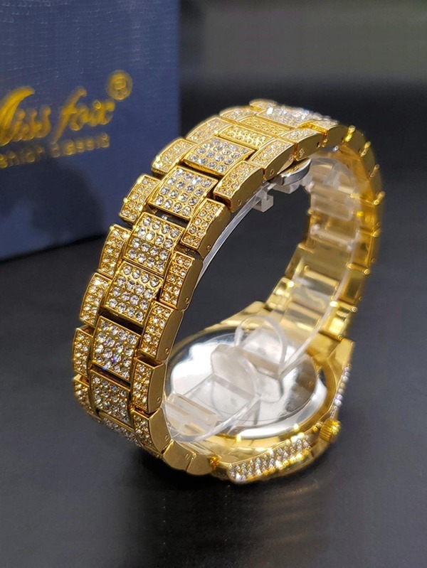 腕時計 メンズ クォーツ 1個 男性 ゴールド 亜鉛合金 ストラップ グラマラス ラインストーンデコレーション 耐水 日付 丸い_画像5