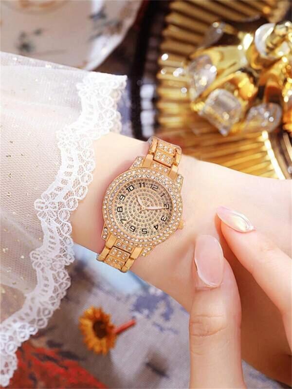 腕時計 メンズ セット 1 女性ローズゴールド亜鉛合金ストラップ華やかなラインストーン装飾ラウンドダイヤルクォーツ時計 & 5 個_画像2