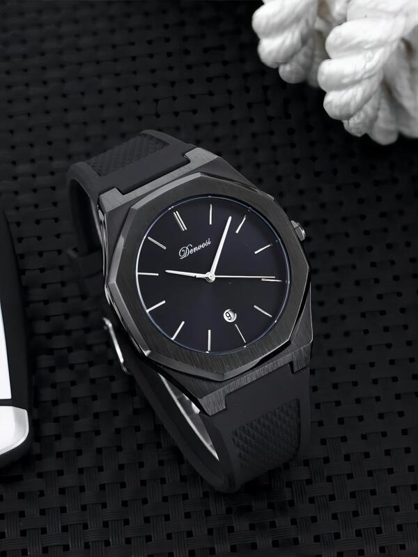 腕時計 メンズ クォーツ 1個 ブラック ストラップ ファッション 蛍光 防水 カレンダー 多角形 ダイヤルクォーツウォッチ ,_画像3