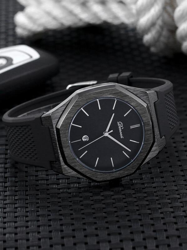 腕時計 メンズ クォーツ 1個 ブラック ストラップ ファッション 蛍光 防水 カレンダー 多角形 ダイヤルクォーツウォッチ ,_画像4