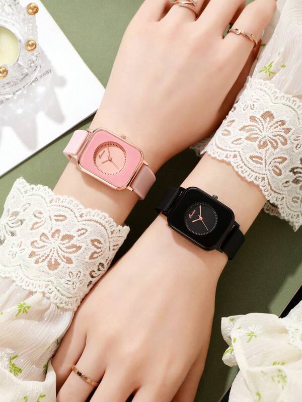 腕時計 ペアウォッチ 2 個の女性のピンクと黒の ストラップ スクエア ダイヤル クォーツ時計、日常生活_画像2